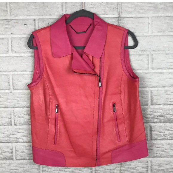 Elie Tahari Lamb Leather Pink & Red Moto - Picture 3 of 12